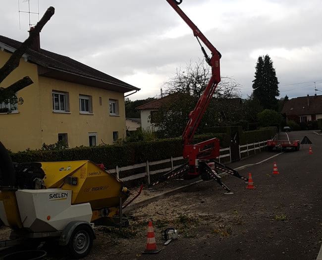 Broyeur à branches avec une nacelle araignée de 20m.